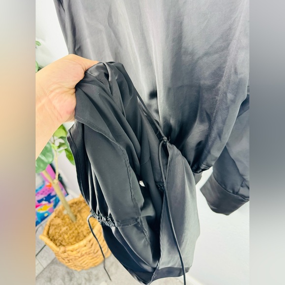 Zara Black Satin Ruched Button Down Shirt Long Sleeve Dress - Picture 9 of 11